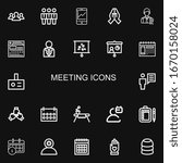 Editable 22 meeting icons for web and mobile. Set of meeting included icons line Teamwork, Team, Visitor, Hand, Employee, Calendar, Businessman, Presentation on black background