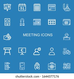 Editable 22 meeting icons for web and mobile. Set of meeting included icons line Projector, Calendar, Engagement, Event, Headhunting, Hand, Receptionist, Table on blue background