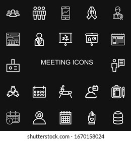 Editable 22 meeting icons for web and mobile. Set of meeting included icons line Teamwork, Team, Visitor, Hand, Employee, Calendar, Businessman, Presentation on black background