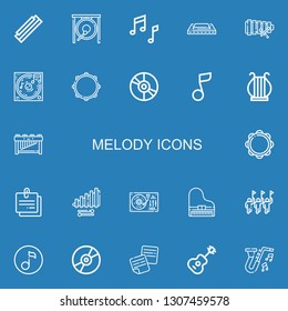 Editable 22 melody icons for web and mobile. Set of melody included icons line Harmonica, Gong, Music, Xylophone, Tambourine, Vinyl, Musical note, Harp, Marimba on blue background