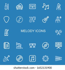 Bearbeitbar 22 Melodie Icons für Web und Mobile. Set mit Melodie inklusive Icons Zeile Violine, Piano, DJ, Musiknoten, Metronome, Plectrum, Quaver, Jazz, Gitarre, Maracas auf blauem Hintergrund