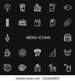 Editable 22 menu icons for web and mobile. Set of menu included icons line Boil, Tea, Drink, Fish, Churros, Sushi, Cup, Expand, Ice cream, Taco, Cappuccino on black background