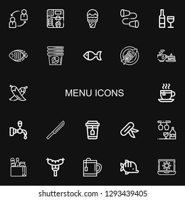 Editable 22 menu icons for web and mobile. Set of menu included icons line Sharing, Ice cream, Tin, Wine, Fish, Cup, Tea, Chili, Tea cup, Beer tap, Knife, Bar on black background