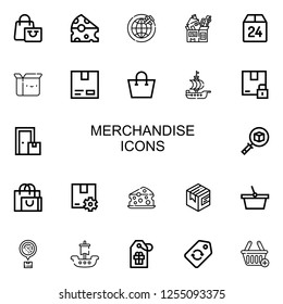 Editable 22 merchandise icons for web and mobile. Set of merchandise included icons line Shopping bag, Cheese, Shipping, Package, Box, Cardboard, Ship, Basket on white background