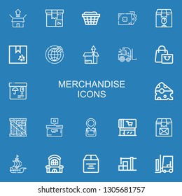 Editable 22 merchandise icons for web and mobile. Set of merchandise included icons line Package, Basket, Tag, Box, Shipping, Forklift, Shopping bag, Merchandise on blue background