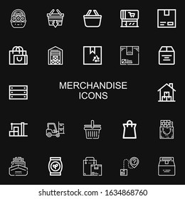 Editable 22 merchandise icons for web and mobile. Set of merchandise included icons line Basket, Shopping basket, Supermarket, Cardboard, Shopping bag, Warehouse on black background