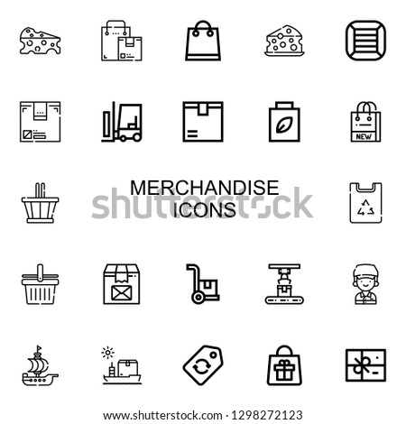 Editable 22 merchandise icons for web and mobile. Set of merchandise included icons line Cheese, Box, Shopping bag, Boxes, Forklift, Package, Basket, Paper bag on white background