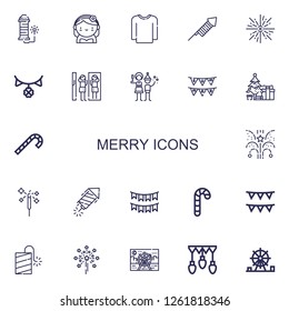 Editable 22 merry icons for web and mobile. Set of merry included icons line Fireworks, Bride, Sweater, Firework, Garland, Amusement park, Christmas party on white background