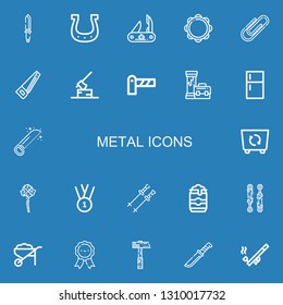 Editable 22 metal icons for web and mobile. Set of metal included icons line Knife, Horseshoe, Swiss army knife, Tambourine, Paper clip, Saw, Axe, Barrier, Pipe on blue background