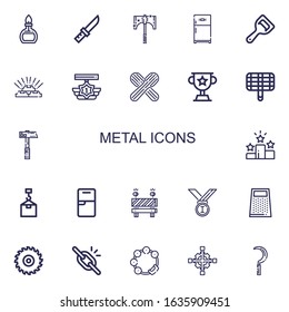Editable 22 metal icons for web and mobile. Set of metal included icons line Burner, Knife, Axe, Refrigerator, Bottle opener, Gold, Medal, Wooden spoon, Trophy on white background