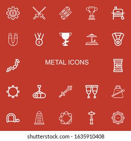 Editable 22 metal icons for web and mobile. Set of metal included icons line Cogwheel, Spears, Nunchaku, Championship, Grill, Magnet, Medal, Trophy, Sand, Ratchet on red background