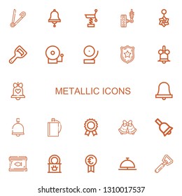 Editable 22 metallic icons for web and mobile. Set of metallic included icons line Safety pin, Bell, Spring, Suspension, Belly piercing, Bottle opener, Alarm bell on white background