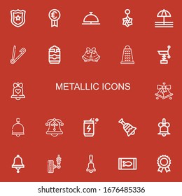 Editable 22 metallic icons for web and mobile. Set of metallic included icons line Police badge, Prize, Bell, Belly piercing, Safety pin, Beer can, Bells, Grater on red background