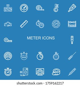 Editable 22 meter icons for web and mobile. Set of meter included icons line Pressure, Speedometer, Measuring tape, Thermometer, Gauge, Ruler, Stopwatch, Dial on blue background