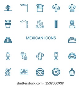 Editable 22 mexican icons for web and mobile. Set of mexican included icons line Cactus, Mustache, Churros, Wrestler, Chichen Itza, Taco, Maraca, Pepper, Mayan pyramid on white background
