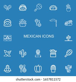 Editable 22 mexican icons for web and mobile. Set of mexican included icons line Maracas, Taco, Maraca, Cactus, Tacos, Nachos, Mustache, Burrito, Mayan pyramid on blue background