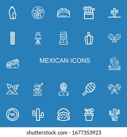 Editable 22 mexican icons for web and mobile. Set of mexican included icons line Cactus, Quesadilla, Taco, Churros, Pepper, Maracas, Burrito, Chili, Wrestler on blue background