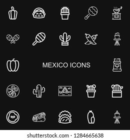 Editable 22 mexico icons for web and mobile. Set of mexico included icons line Pepper, Taco, Cactus, Maraca, Maracas, Chili, Quesadilla, Mayan pyramid, Burrito on black background