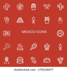 Editable 22 mexico icons for web and mobile. Set of mexico included icons line Cactus, Quesadilla, Maracas, Prickly pear, Chichen Itza, Mayan pyramid, Chili on red background