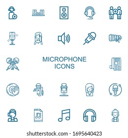 Editable 22 iconos de micrófono para web y móvil. Conjunto de micrófonos incluidos los iconos línea Operador, Altavoz, auriculares, Comunicación, Micrófono, Cantante, Karaoke sobre fondo blanco