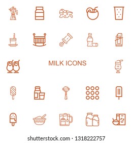 Editable 22 milk icons for web and mobile. Set of milk included icons line Coffee maker, Mayonnaise, Cheese, Coconut, Drink, Frozen yogurt, Crib, Rattle, Cola on white background