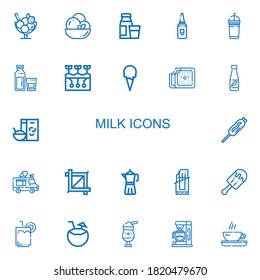 Editable 22 milk icons for web and mobile. Set of milk included icons line Ice cream, Diary product, Mayonnaise, Frappe, Milk, Farming, Drink, Breakfast, Food on white background