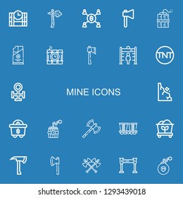 Editable 22 mine icons for web and mobile. Set of mine included icons line Dinamite, Axe, Mining, Dynamite, Coal, Metal detector, Tnt, Copper, Rocks, Axes, Mine on blue background