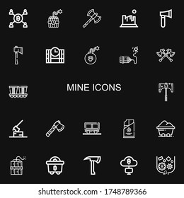 Editable 22 iconos de minas para web y móvil. El juego de los míos incluye íconos como Minería, Dinamita, Ejes, Rock, Ax, Dinamita, Mina, Carbón, Cruzado sobre fondo negro