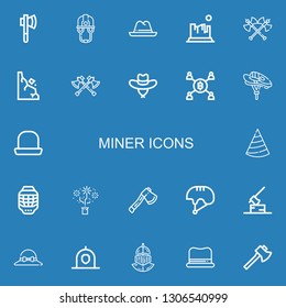 Editable 22 miner icons for web and mobile. Set of miner included icons line Axe, Helmet, Hat, Rock, Axes, Rocks, Mining on blue background