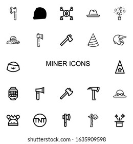 Editable 22 miner icons for web and mobile. Set of miner included icons line Axe, Helmet, Mining, Hat, Tnt on white background