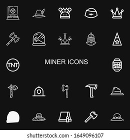 Editable 22 iconos mineros para web y móvil. Conjunto de iconos incluidos línea de iconos Sombrero, Casco, Ejes, Tnt, Ax sobre fondo negro