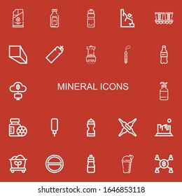 Editable 22 mineral icons for web and mobile. Set of mineral included icons line Coal, Bottle, Water bottle, Rocks, Mine, Minerals, Salt, Stone, Plastic bottle on red background
