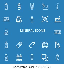 Editable 22 mineral icons for web and mobile. Set of mineral included icons line Water bottle, Bottle, Dispenser, Seasoning, Stone, Mine, Plastic bottle, Calcium on blue background