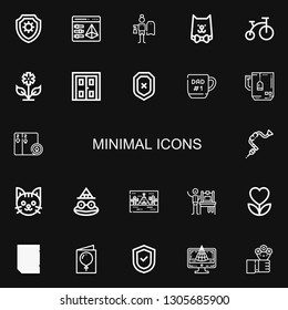 Editable 22 minimal icons for web and mobile. Set of minimal included icons line Shield, 3d printing, Surfing, Cat, Bike, Flower, Double door, Mug, Cards, Brace on black background