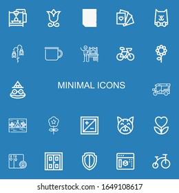 Editable 22 minimal icons for web and mobile. Set of minimal included icons line d printer, Flower, Resume, Cards, Cat, Mug, d printing, Bike, Toad, Tuk tuk on blue background