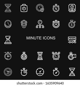 Editable 22 minute icons for web and mobile. Set of minute included icons line Time, Clock, Stopwatch, Wall clock, Stopclock, Hourglass, Deadline, Alarm clock on black background