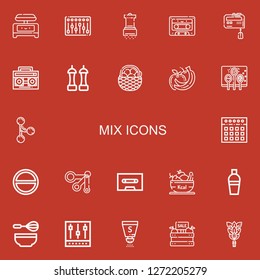 Editable 22 mix icons for web and mobile. Set of mix included icons line Shaker, Mixer, Salt, Cassette, Radio cassette, Fruit, Fruits, Spices, Merge, Measuring spoons on red background
