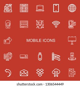 Editable 22 mobile icons for web and mobile. Set of mobile included icons line Cash register, Stage, Laptop, Mobile, Internet, Call center, Browser, Hologram on red background