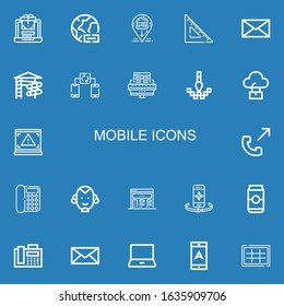 Editable 22 mobile icons for web and mobile. Set of mobile included icons line Laptop, Worldwide, Location, Set square, Message, Slider, Synchronize, Web design on blue background