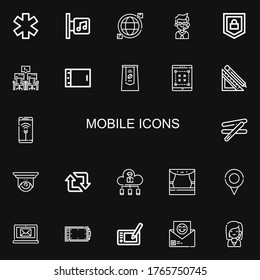 Editable 22 mobile icons for web and mobile. Set of mobile included icons line Star, Music store, Worldwide, Call center, Security, Computer, Tablet, Pack on black background