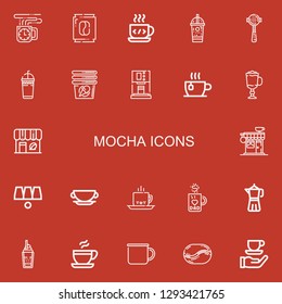 Editable 22 mocha icons for web and mobile. Set of mocha included icons line Coffee cup, Coffee, Ice coffee, Espresso, Frappe, Cup, machine, Cappuccino on red background
