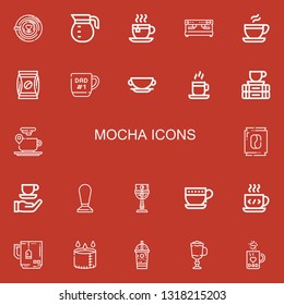 Editable 22 mocha icons for web and mobile. Set of mocha included icons line Latte, Coffee pot, Tea cup, Coffee machine, Coffee, Mug, Cup, cup, Break on red background