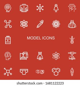 Editable 22 model icons for web and mobile. Set of model included icons line Head, Jacket, Positive ion, Fashion, Swiss army knife, Molecule, Atom, d printing pen on red background