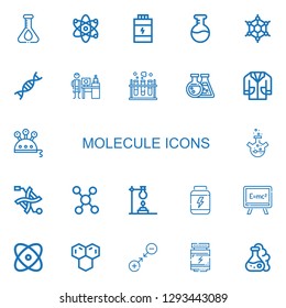 Editable 22 Molecule Icons For Web And Mobile. Set Of Molecule Included Icons Line Flask, Atom, Proteins, Graphene, Genetic, Nanotechnology, Chemistry, Lab Coat On White Background