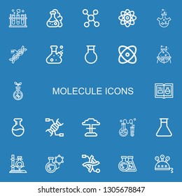 Editable 22 molecule icons for web and mobile. Set of molecule included icons line Chemistry, Flask, Molecule, Physics, Dna, Transgenics, Nuclear, Science on blue background