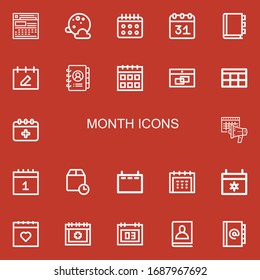 Editable 22 month icons for web and mobile. Set of month included icons line Calendar, Full moon, Appointment book, Agenda, Schedule, Wait time, Date on red background