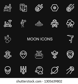 Editable 22 moon icons for web and mobile. Set of moon included icons line Bedtime, Tarot, Meteorite, Day, Moon rover, Lullaby, Ufo, Space robot, Storm, Sleeping on black background