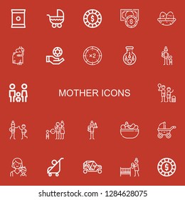 Editable 22 mother icons for web and mobile. Set of mother included icons line Chips, Stroller, Chip, Nest, Pregnant, Insemination, Mother, Family, Uncle, Parenthood on red background