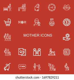 Editable 22 mother icons for web and mobile. Set of mother included icons line Mother, Parenthood, Pregnant, Chip, Nest, Stroller, Mom, Insemination, Family on red background