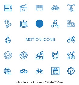 Editable 22 motion icons for web and mobile. Set of motion included icons line Momentum, Clapperboard, Volley, Bicycle, Gear, Cradle, Stairs, Projector, Hypnosis on white background
